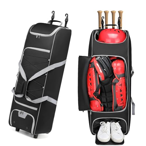 Cxinesbag Baseball Catcher Gear Bag with Wheels - 39 Inch Rolling Equipment Bag Holds 4 Bats, Helmet, Gloves - Wheeled Softball Catchers Bag with Fence Hooks and Shoe Compartment