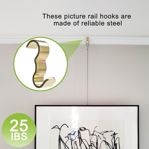 Image of 25 Pack Molding Hooks,Steel Picture Rail Hangers Hooks,Wide Picture Rail Molding Hooks (Gold)