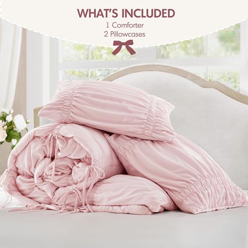 Image of Intelligent Design Queen Comforter Set Ruched Shabby Chic Comforters for Queen Size Bed, All Season Lightweight Comforter Queen, French Country Bedding Set, Shams, Ella, Full /Queen, Pink 3 Piece