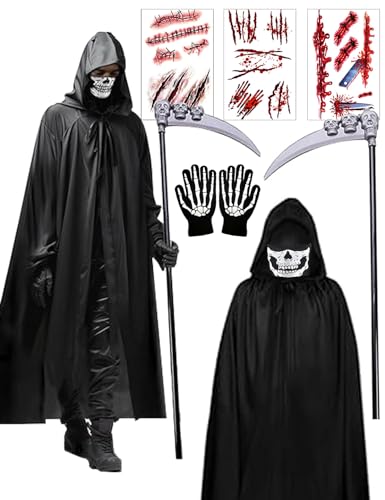 ANYEHOUR Disfraz de Parca para Halloween, Grim Reaper Disfraz, Capa Negra con Capucha, Máscara de Esqueleto, Guantes Fantasma, Hoz, Pegatinas de Cicatrices, Disfraz la Muerte para Halloween Carnaval