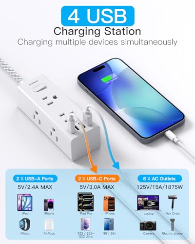 Image of Flat Plug Extension Cord 6 Ft, One Beat 6 Feet Surge Protector Power Strip with 6 Widely Outlets 4 USB Ports (2 USB C), 3 Way Wall Outlet Extender Extension Cord for Home Office College Dorm Room