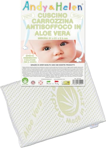 ANDY & HELEN Cuscino Culla/Carrozzina Antisoffoco con fodera in Aloe Vera. Misure: 31x21x3 cm