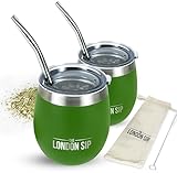 Picture of London Sip Yerba Mate Cup and Bombilla Set, Includes 2 Mate Gourds, Spill Resistant Lids, and Mate Straws, Bombilla Brush and Pouch Included, Yerba Mate Gourd Kit Mate Tea Cups, Green