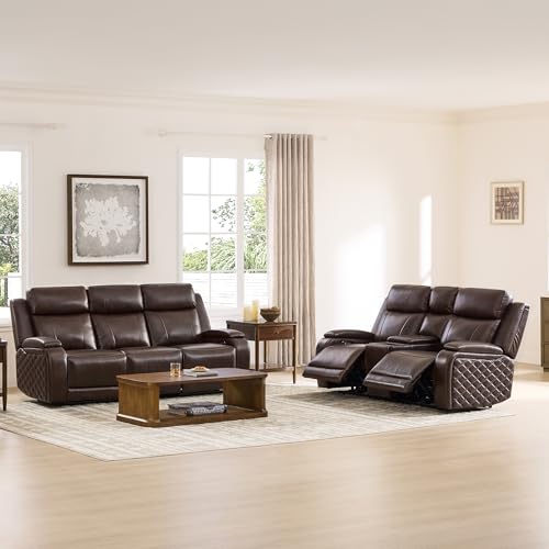 Watson & Whitely Genuine Leather Power Recliner Sofa and Loveseat Set, Zero Gravity Reclining Couch with Storage Console, Power Headrest & Wireless Charging, Cup Holders for Living Room, Dark Brown