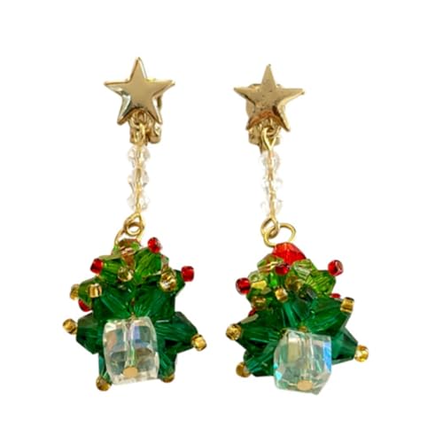 FANSWAN - arete de árbol de Navidad de vidrio brillante, con diseño de árbol de Navidad, para las orejas, para festivales y fiestas, vidrio artificial, No es una piedra preciosa