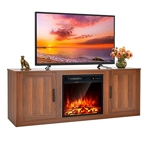 Tangkula Electric Fireplace TV Stand for TVs up to 65 Inch,with 18 Inch 1500W Faux Fireplace,Built-in Thermostat, 5 Level Brightness, Remote Control and Timer,Fireplace Stand for Living Room (Brown)