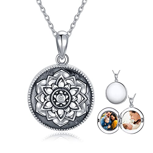 SOULMEET Personalized Flower Om Lotus Locket Sterling Silver Necklace That Holds 2 Pictures Memorial Vintage Photo Locket Custom Any Photo Healing Gift