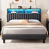 Rolanstar Bett mit LED 90x200 cm, Bettgestell mit Ladestation (2 USB & 1 Type-C), Polsterkopf mit...