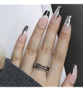 FURUBETA Press on Nails Medium Coffin French Fake Nails Full Cover Nude and black Acrylic Nails f...