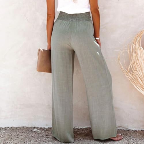Linen Blend High Rise Smocked Pants, Smocked High Waisted Cotton Linen Wide Leg Pants, Summer Casual Boho Pants for Women2