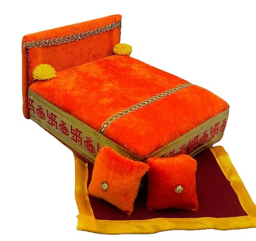 Image of RD Handicraft Thakur Ji Bed, Laddu Gopal ji Bed, Bal Gopal ji Bed with Blanket Silk All Purpose Bed |Bhagwa (17x16x10 cm)