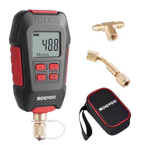 ROGVOC Digital Vacuum Gauge HVAC Micron Vacuum Meter 1/4 inch SAE with Buzzer Alarm Pressure Tester for 4 Units LCD Backlit Display
