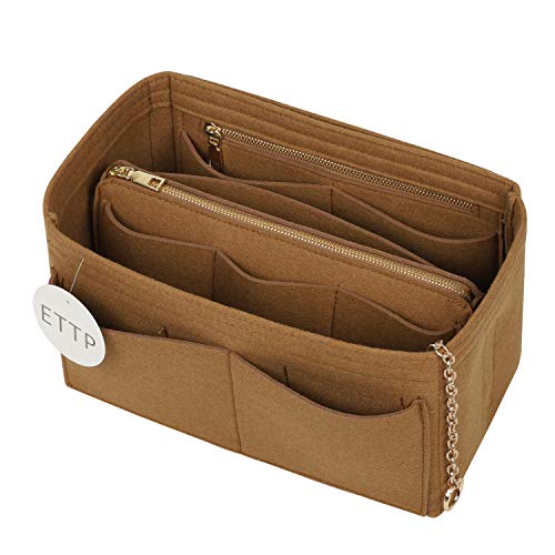 Purse Organizer, Felt Purse Organizer Insert With 2 Metal Zipper, Handbag Organizer For Speedy, Neverfull, Tote, Handbag, 7 Colors 5 Sizes (Lighting Coffee, Large Slender)