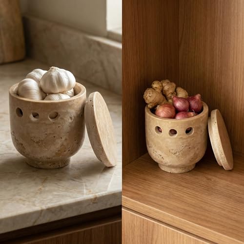 Travertine Garlic Keeper with Lid & Vent Holes for Kitchen Countertop | 4.5 Inch Handmade Natural Stone Garlic Holder, Fresh Ginger & Cloves Storage Container, Rustic Farmhouse Decor (Beige) by Ignifluence - Used condition - Image 5