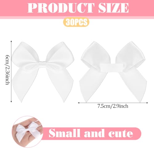 30 PCS White Satin Ribbon Bows 5CM Self Adhesive Satin Bows for Gift Wrapping Bow Decorations Pre Tied Bows with Sticky Gel Pads for Birthday Party Wedding Decorations Crafts Gift Bakery Candy Bags