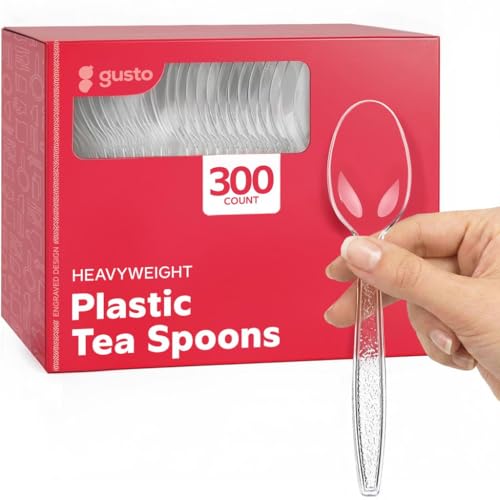 Comfy Package [300 Pack] Heavyweight Clear Plastic Tea Spoons with Engraved Design - Disposable Sturdy Plastic Utensils for Parties, Weddings, and Events