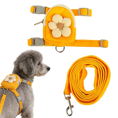 Image of Qpets Dog Cat Harness and Leash Set, Fabric Webbing Puppy Harness with Matching Leash, Mini Zipper Pouch & Cute Yellow Flower Accent, for 8-20kg Small Dogs Cats, (Yellow, L)