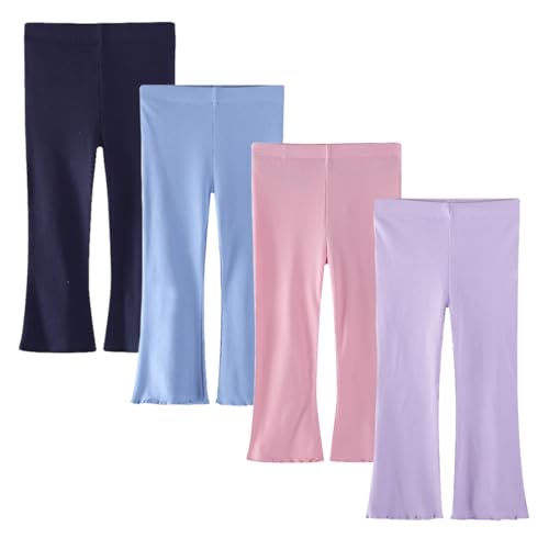 Image of Baby Toddler Girl Flare Pants 4 Pack Girls Ribbed Cotton Leggings | Soft & Stretch,Wide Leg,Comfy Elastic Waistband,Pull-On Style,Solid Color,Ruffle Bell Bottom Pants,Casual Fall Winter Clothes