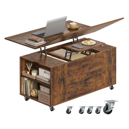 WOLTU Table Basse avec Plateau Relevable, Extensible et Réglable en Hauteur, Table de Salon sur roulettes avec Tiroir et Compartiments de Rangement, pour...