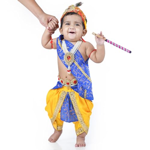Image of ITSMYCOSTUME Krishna Dress for Baby Boy Kids Set of 10(Dhoti,Hip Cover,Patka,Mukut,Morpankh,Bansuri,Kamarband,Bajuband,Kundal) Little Krishna Ji Kanha Janmasthmi Costume