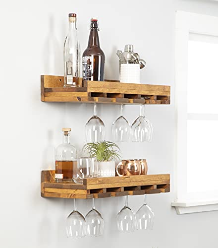 Del Hutson Designs Rustic Luxe 24 Inch Farmhouse Solid Pine Wood Wall Mount Wine Bottle Stemware Rack Display Shelf, Set Of 2, Walnut #TOP4
