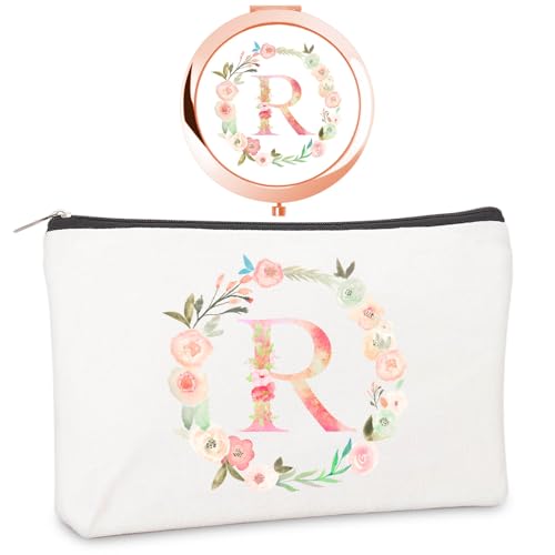 Personalized Gift Initial Compact Mirror Makeup Bag Set (R +Bag, ROSE GOLD)