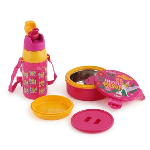 Image of CELLO Kidzbee Star Gift Set Combo for School Kids Pink | 3D Touch & Feel Tinkerbell Design Airtight Clip Lock Insulated Lunch Box 390ml with Leak Proof Flip Top Sipper Water Bottle for Kids Boys Girls