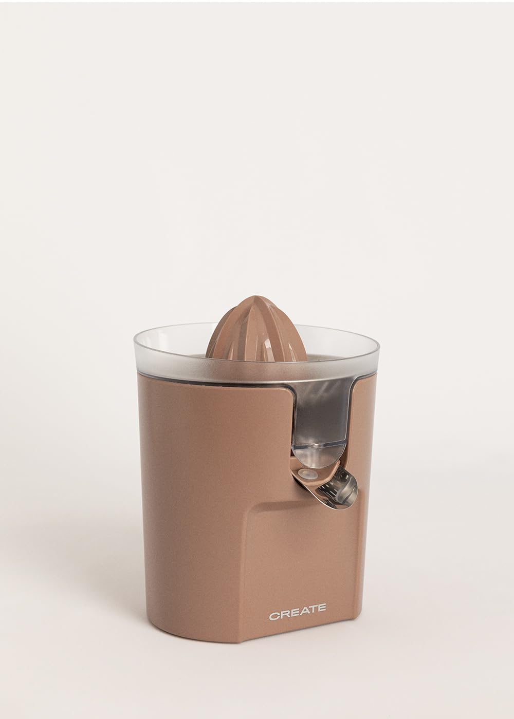 CREATE/JUICER STUDIO/Elektrische Zitruspresse in Mokka/Spritzfrei, 230ml Behälter, Fruchtfleischfilter, Tropfschutzsystem, spülmaschinenfeste Teile, 2 abnehmbare Kegel, 100W