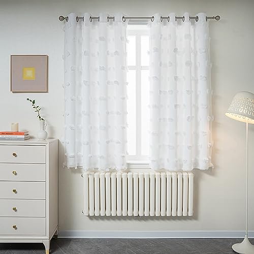 Image of MYSKY HOME White Curtains for Bedroom 63 Inch Long Double Layer Curtains for Kids Room Kithen White Pom Pom Sheer Nursery Curtains Grommet Room Darkening Window Curtains 2 Panels Set, 52 x 63 Inch