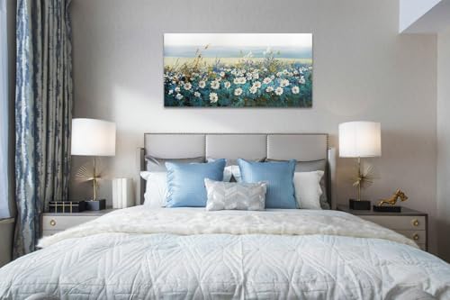 Arjun Flower Wall Art Bedroom Wall Decor Canvas White Daisy Floral Painting Landscape Picture Art Work for Living Room Wall Decor Textured Large Office Home Dining Room, 48"x24" - Image 5