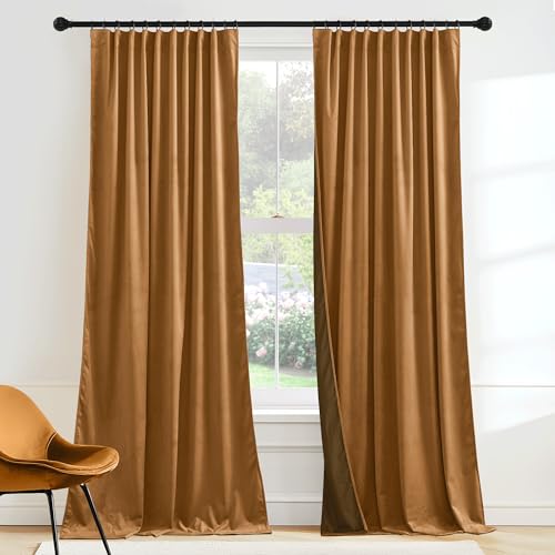 Image of RYB HOME Velvet Curtains 102 inches Long, Extra Long High Ceiling Curtains | Room Darkening, Thermal Insulated, Luxurious Soft, Home Decor Curtains for Living Room Bedroom, W52 x L102, Bronze, 2 Panels