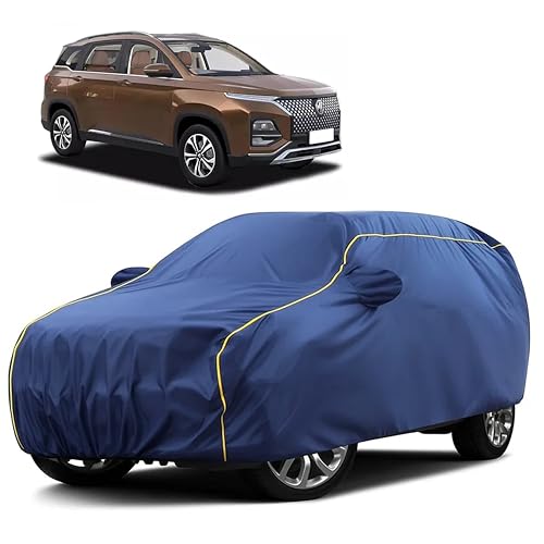 Image of Sulfar 100% Water Resistant Car Body Cover Compatible with Mirror for MG Hector Plus (Triple Stitched, Full Bottom Elastic, Blue Taffeta with Yellow Piping)