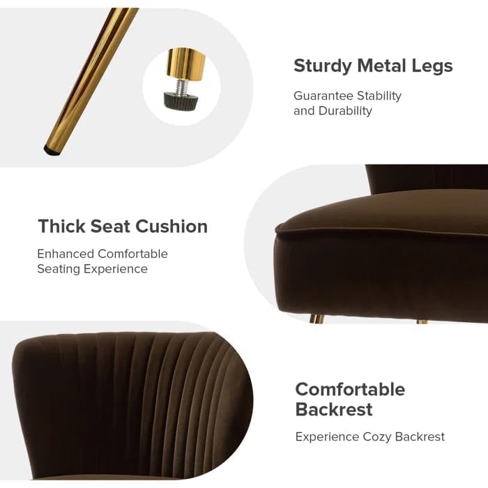 Image of Modern Upholstered Accent Velvet Chair Single Seater Channel Tufted Wing Back Chair with Golden Matel Legs for Living Room, Bedroom, Dining Room, Brown