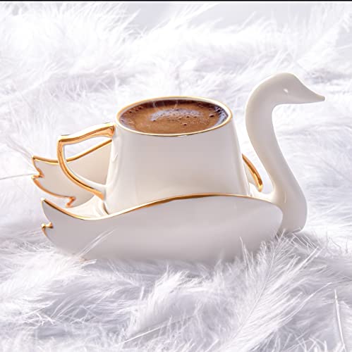 Decoret Small Espresso Cups and Saucers, Luxury Set of 2 Demitasse Cups, Gift Box, Small Coffee Cup, White Espresso Cup, Turkish Coffee Cup, Porcelain Espresso Cup - Porcelain (Swan)