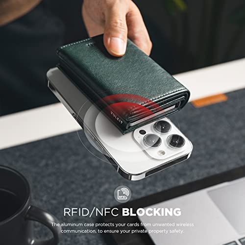 Image of VULKIT Credit Card Holder with Banknote Compartment RFID Blocking Pop up Leather Card Wallet with ID Window, Green, Minimalist