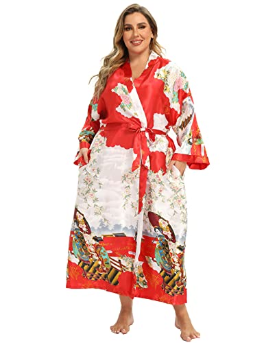 Image of Women's Floral Long Satin Robes Plus Size Long Silk Robes Peacock Floral Kimonos Sleepwear Dressing Gown