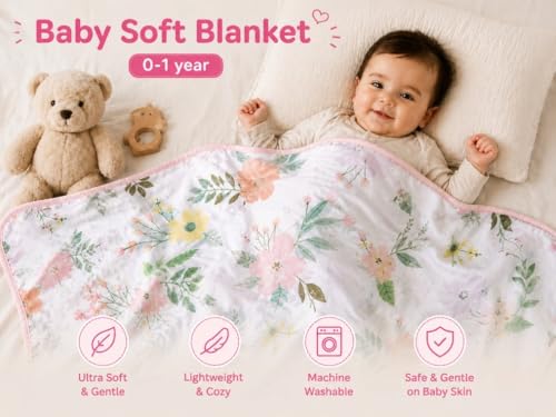 Image of THE LITTLE LOOKERS Soft Blanket for Babies | Ultra Soft, Breathable & Skin-Friendly | Safe & Chemical-Free | All-Season Use | Lightweight AC Blanket for 0-1 Years (Pink Forest)