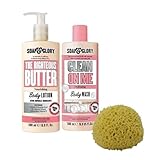Soap and Glory Clean on Me Shower Gel Body Wash 500ml and Righteous Butter Body Lotion Pump 500ml Bundle with Rainbow Gifts Sponge Set