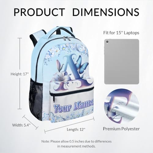 Backpack for Girls, Personalized Backpacks for Kids Women, Butterfly Bookbags Initial School Bag, 17 Inch Blue Monogram Bookbag for Primary Middle College3