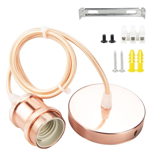 URCIANOW Ceiling Pendant Light Fitting Rose Gold Vintage Style E27 Screw Lamp Holder with 100cm Braided Flex Cable Free Adjustment Lock Ring IP44 Waterproof light fittings ceilings 1 Pack