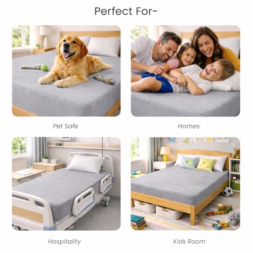Image of Mattress Protector King Size, Terry Cotton Waterproof Bed Protector King Size, 78x72x8 Inch, Breathable Noiseless Ultra Soft, Elastic Fitted Mattress Cover | Bed Cover (Grey)