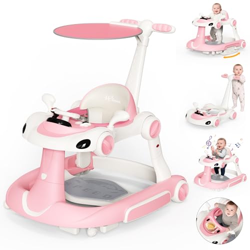 Image of HAWEEK Baby Walker with Wheels, 7-in-1 Foldable Baby Walkers for Boys Girls 6-12 Months with Feeding Tray & Music, Lights,Rocker,Sun Canopy, Bouncing Pedal, Adjustable Wheel Speed, Push Walker (Pink)
