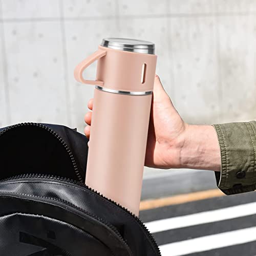 Coffee Thermos Stainless Steel Vacuum-Insulated Water Bottle, 500Ml/16.9Oz Insulated Bottle With Cup For Hot & Cold Drink Travel Mug (Pink, Three Cup) #TOP6