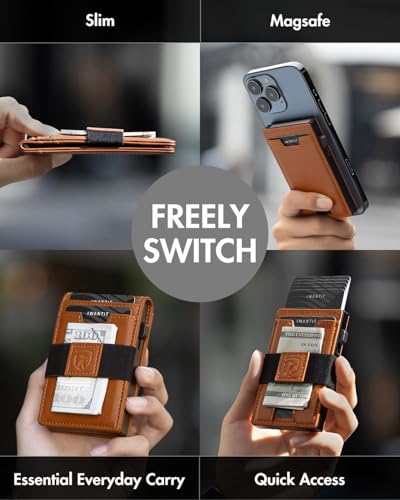 Image of iwantit 3 in 1 Magsafe Wallet Men: Bifold Wallet + Magnetic Wallet for iPhone - Detachable Cash Strap, Smart Pop Up Card Holder, ID Window, Premium Leather (Orange-red)