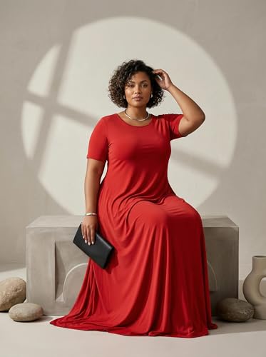 Image of SUZONANA Plus Size Maxi Dress for Curvy Women Summer Casual Sundress Short Sleeve Loose Vacation Dress