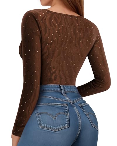 Image of MANGOPOP Womens Bodysuit Long Sleeve Crew Neck Body suit for Women Ribbed Bodysuits Shirts