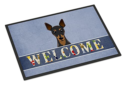 Caroline's Treasures BB1426JMAT Min Pin Welcome Doormat 24x36, Blue Front Door Mat Indoor Outdoor Rugs for Entryway, Non Slip Washable Low Pile, 24H X 36W