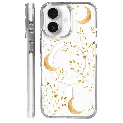 Coque transparente pour iPhone 16 lune dorée céleste en verre rigide