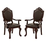 Dining Chairs Set of 2 – Antique Style Leather Dining Room Chairs with Solid Wood Legs and Rivet Decor, Ideal for Kitchen, Bedroom, Living Room (Brown Armrest)