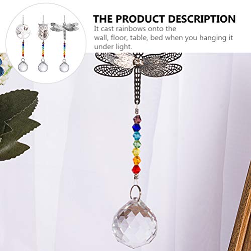 Amosfun 3Pcs Hanging Suncatcher Cristal Coruja Árvore Da Vida Pingente de Libélula Íris Chakra Conta